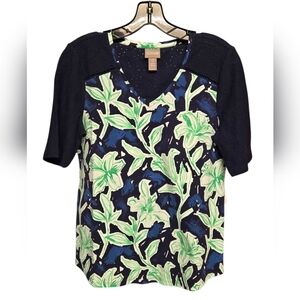 Chico's Draft Floral Eyelet Elbow Sleeve Tee Top Sz 0 Chicos = Small Midnight